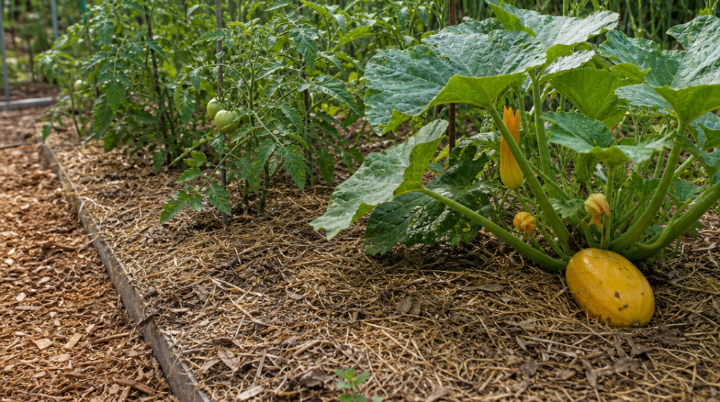 Paillage de paille autour de tomates et courgettes