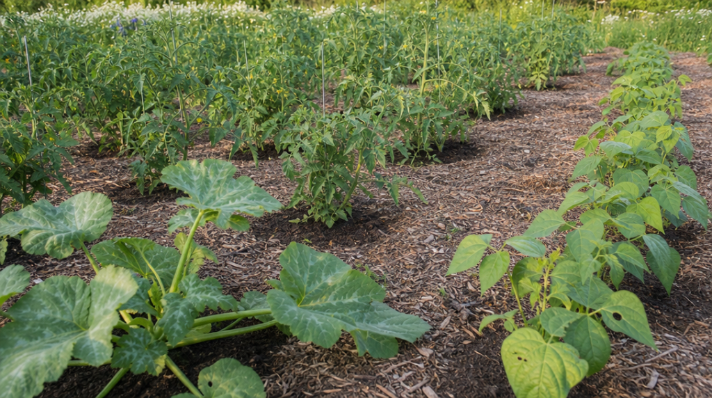 Copeaux de bois entre rangs de tomates et courgettes