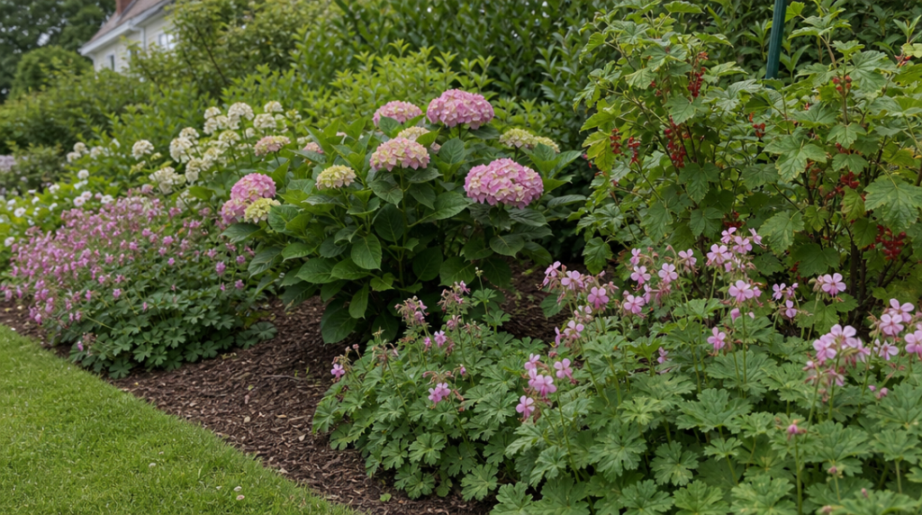 Massif fleuri et groseillier sur paillis de copeaux