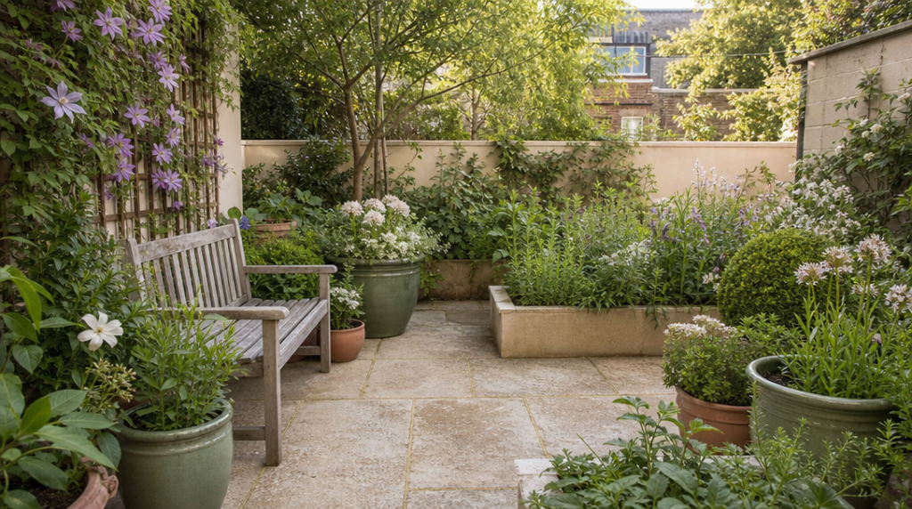 Terrasse en bois avec pots vert sauge et terracotta