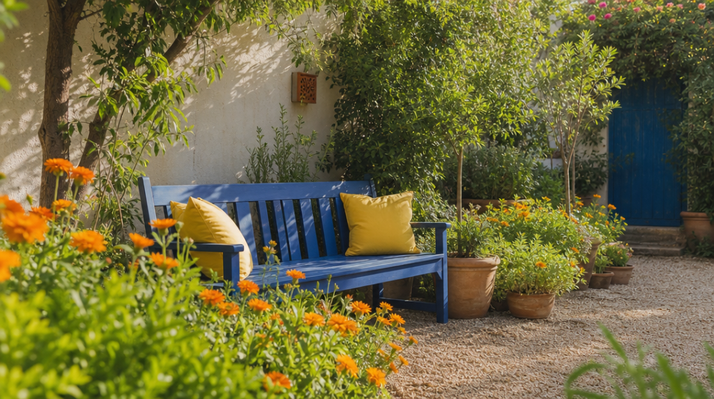 Banc bleu coussins jaunes et fleurs orange au jardin