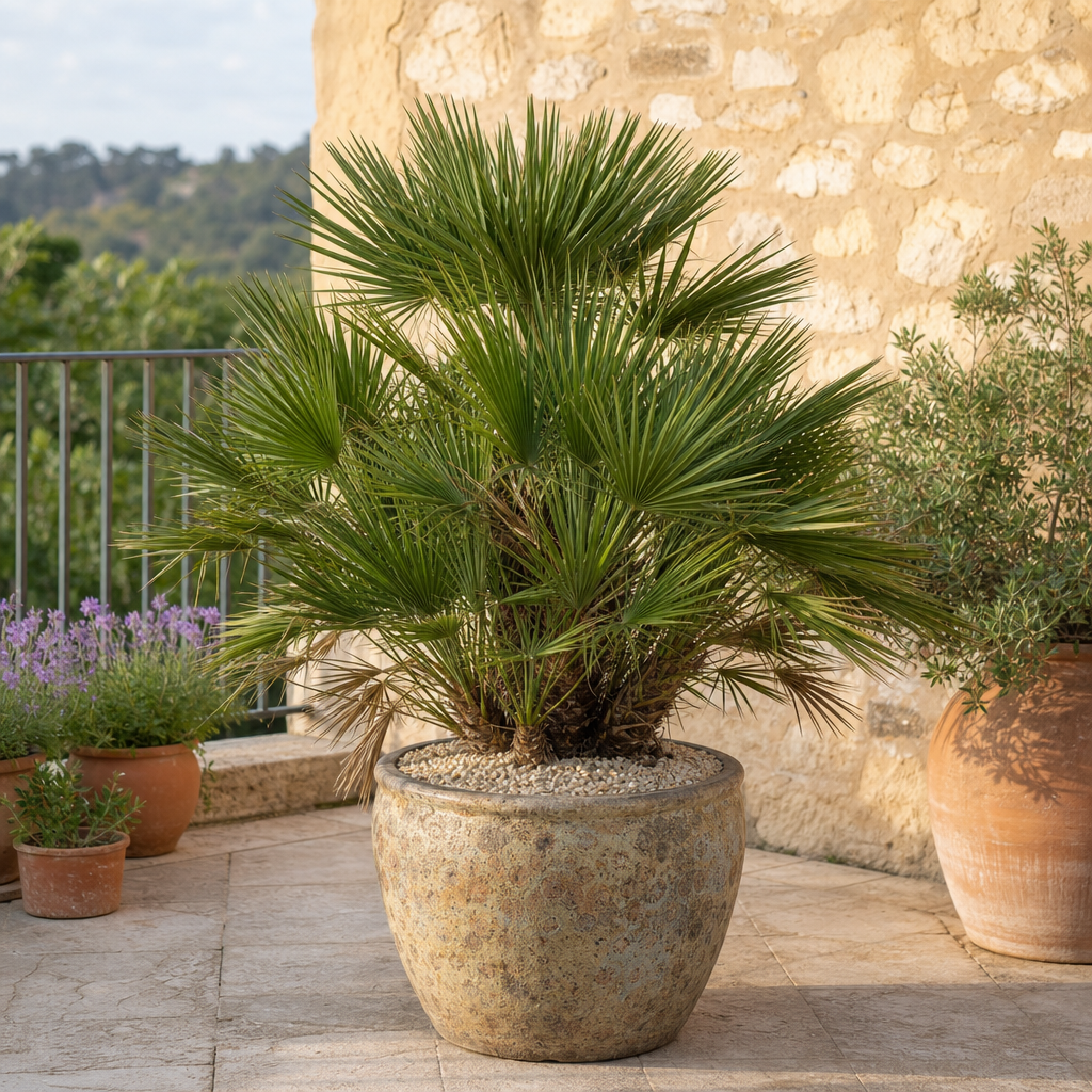 Palmier nain en pot sur terrasse lumineuse