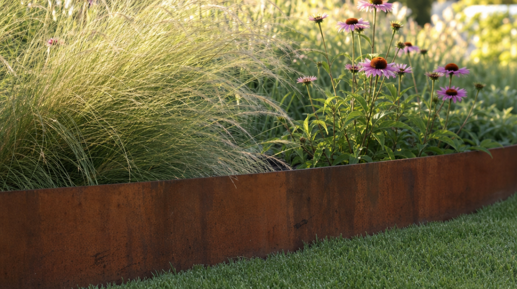 Patine rouille Corten au pied de graminées et échinacées