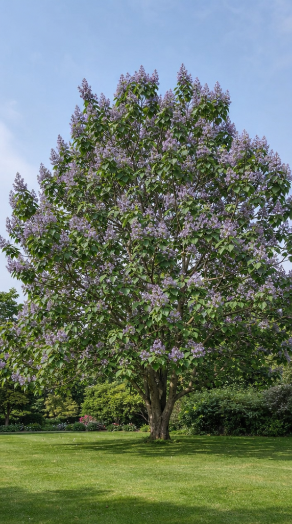 Paulownia adulte aux fleurs mauves en grappes