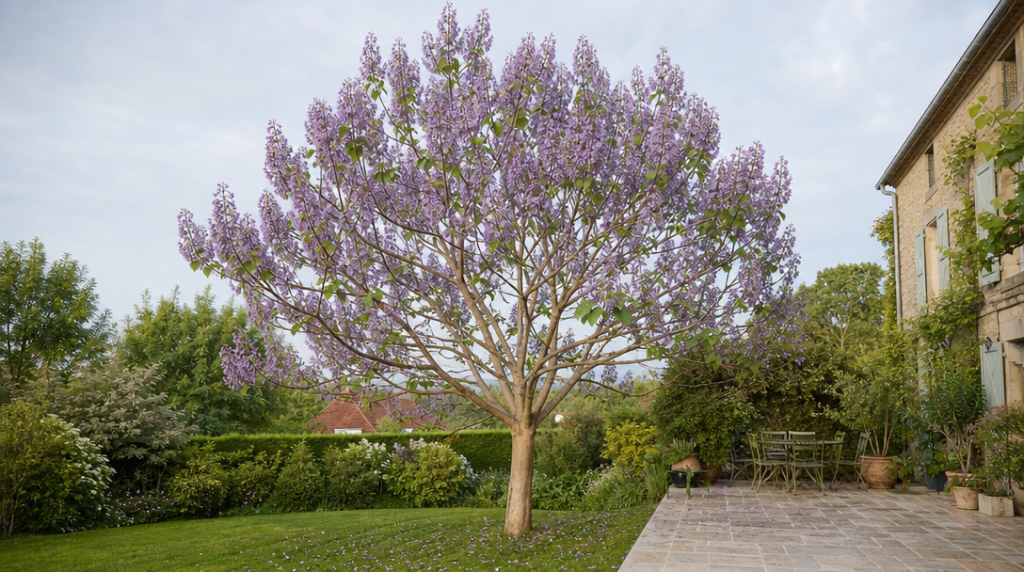 Paulownia en fleurs mauves avec couronne arrondie