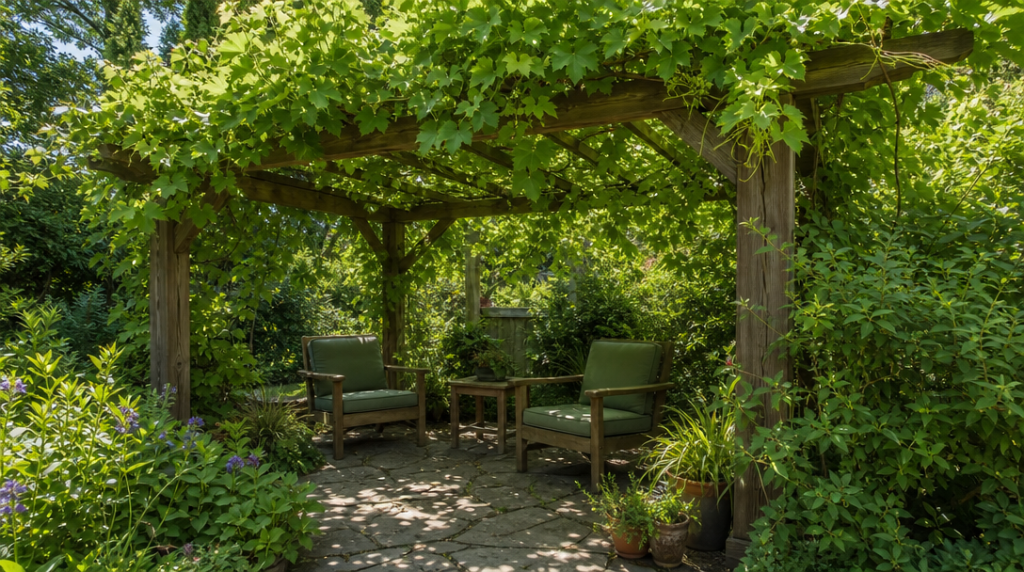 Pergola couverte de vigne au-dessus de fauteuils