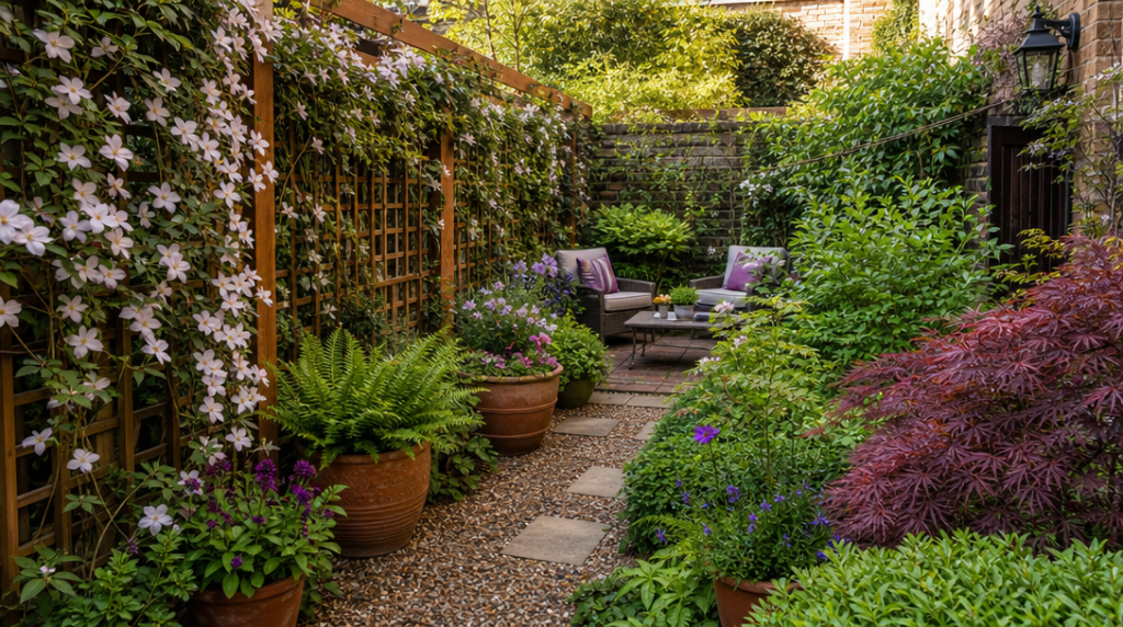 Petit jardin urbain avec treille et plantes grimpantes