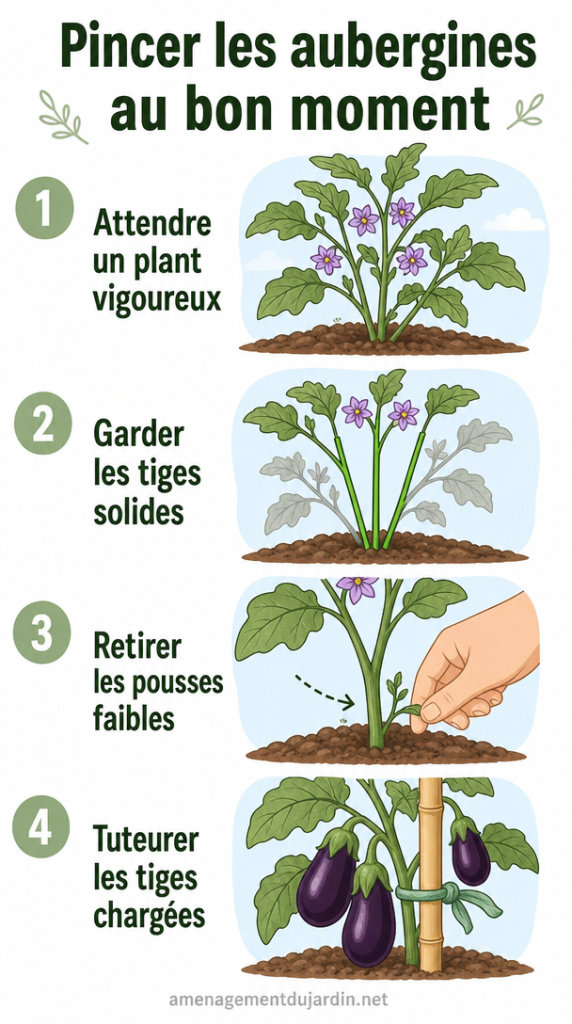 Gestes pour pincer et tuteurer un plant d’aubergine