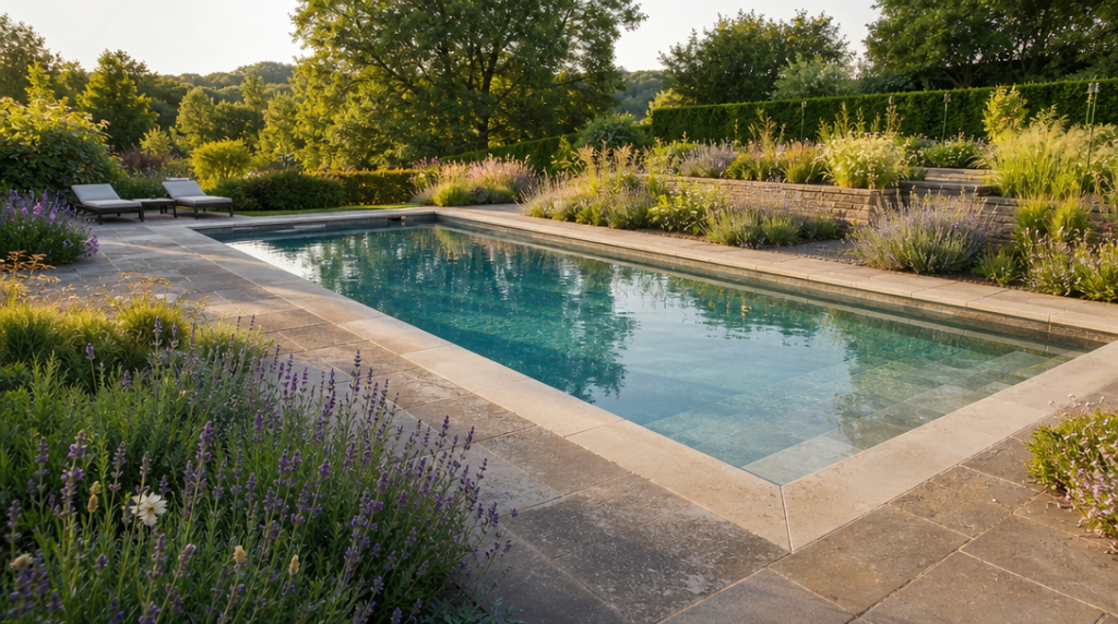 Piscine en béton avec terrasse et massifs méditerranéens