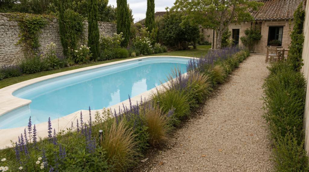 Piscine coque blanche avec margelles dans jardin familial