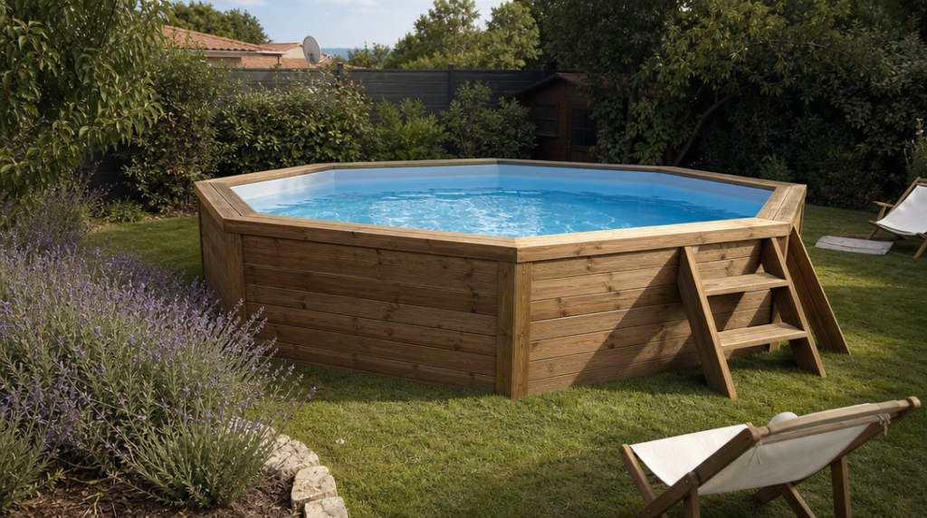 Piscine hors-sol en bois entourée de lavandes