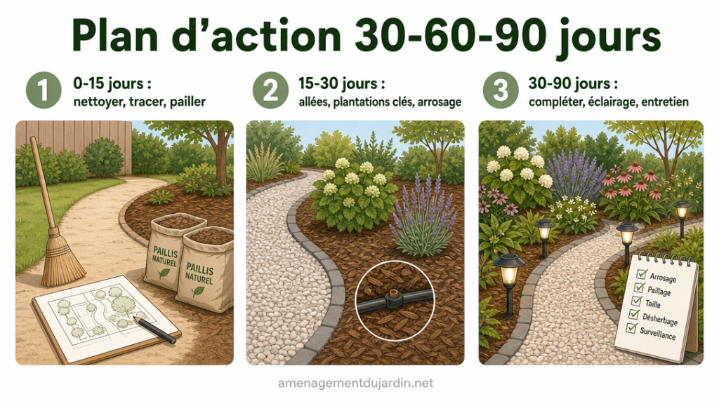Infographie des étapes 0-15, 15-30 et 30-90 jours au jardin