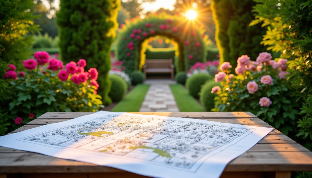 Plan pour aménager son jardin sur table, allée fleurie au coucher