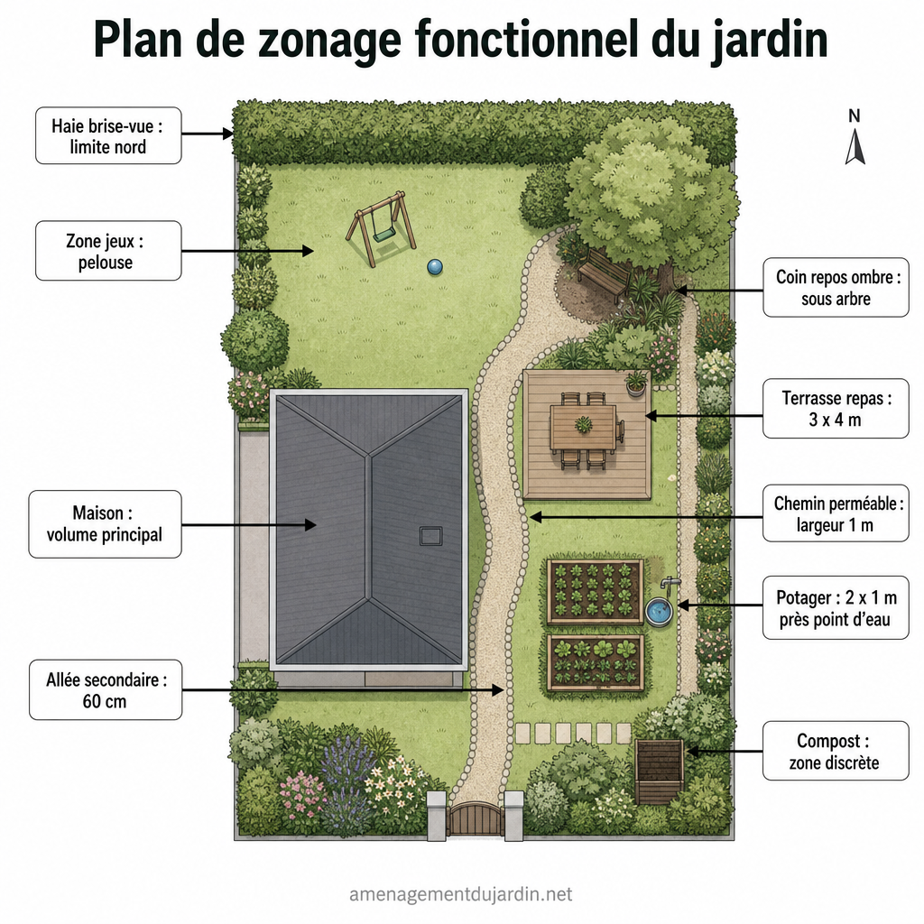 Schéma de zonage avec repas, repos, potager et allées perméables