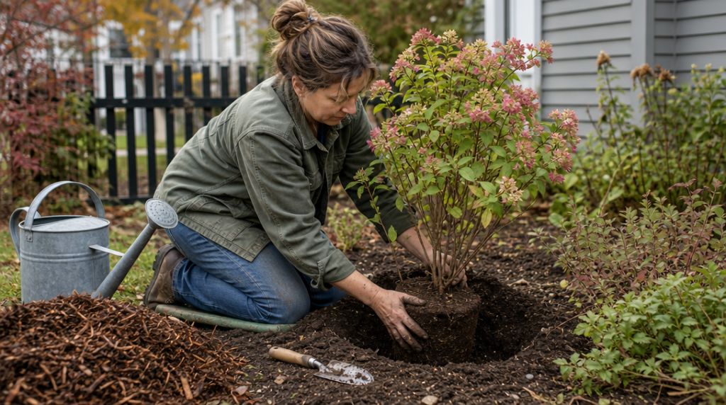 Plantation d’un arbuste fleuri avec paillage au pied