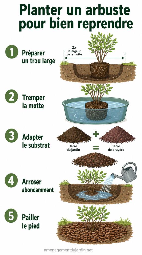 Étapes de plantation d’un arbuste au jardin