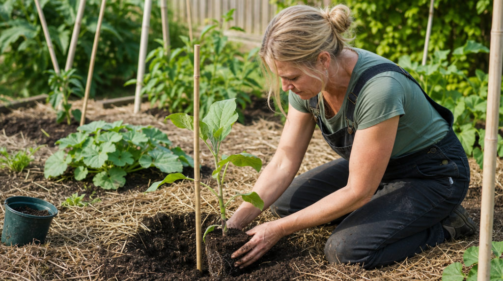 Plantation d’un jeune plant d’aubergine avec tuteur