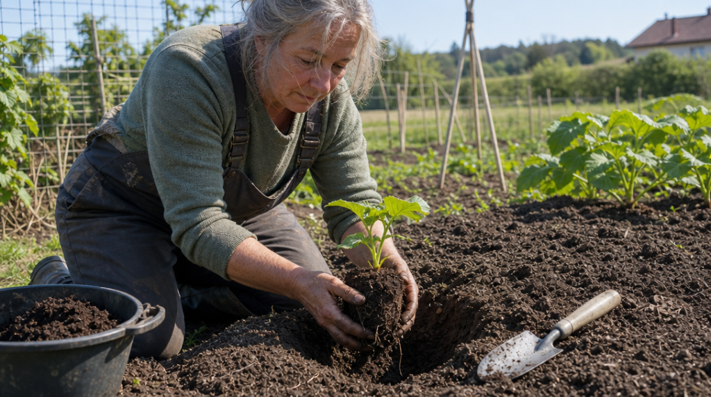 Plantation d’un jeune plant de courge au compost