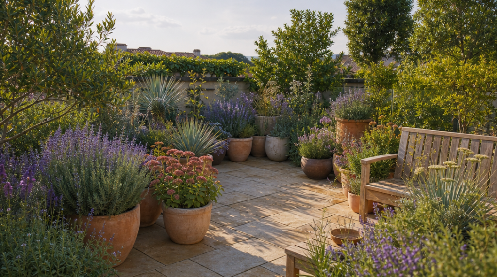 Terrasse ensoleillée avec plantes fleuries et pots variés