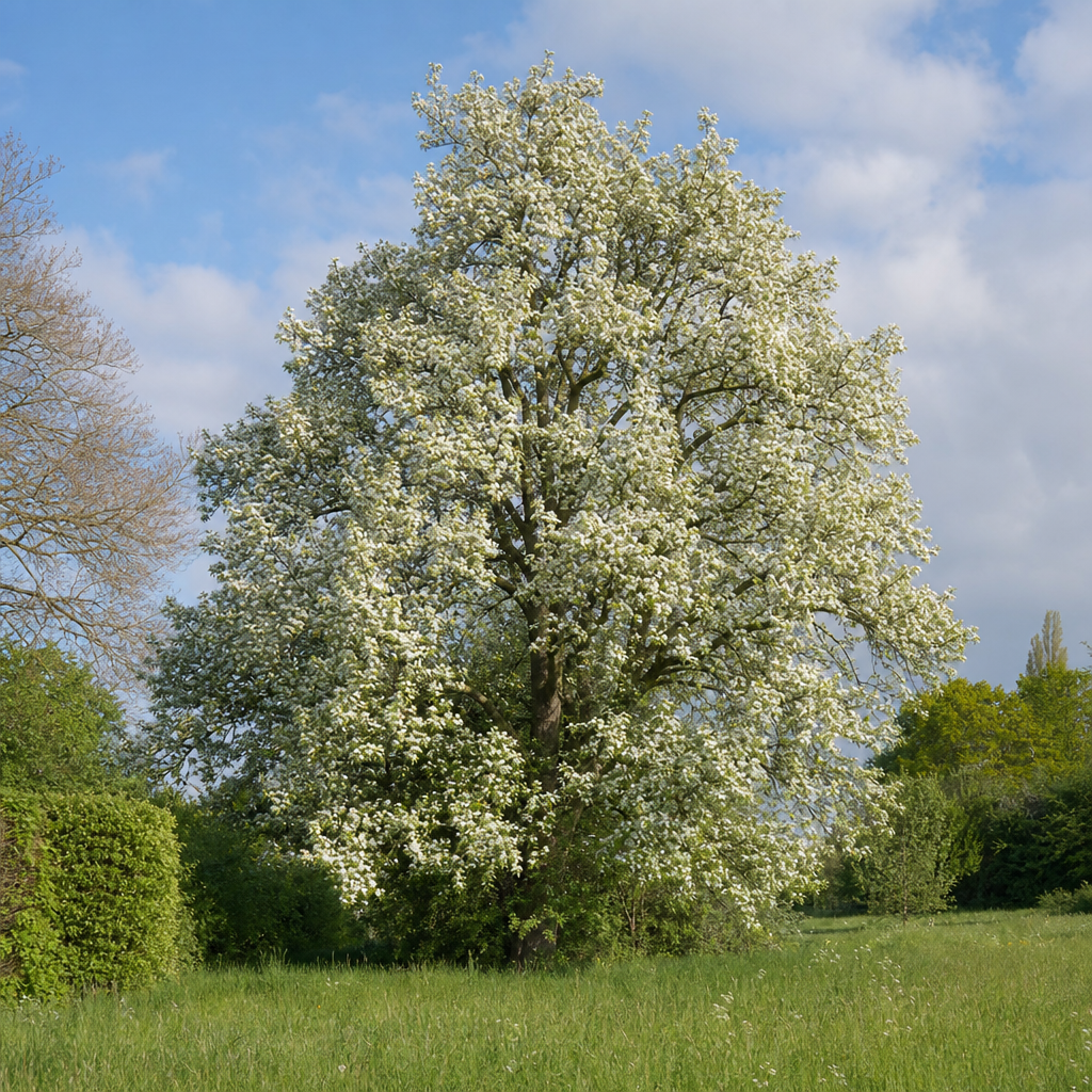 Poirier franc fleuri au bord d’un grand jardin