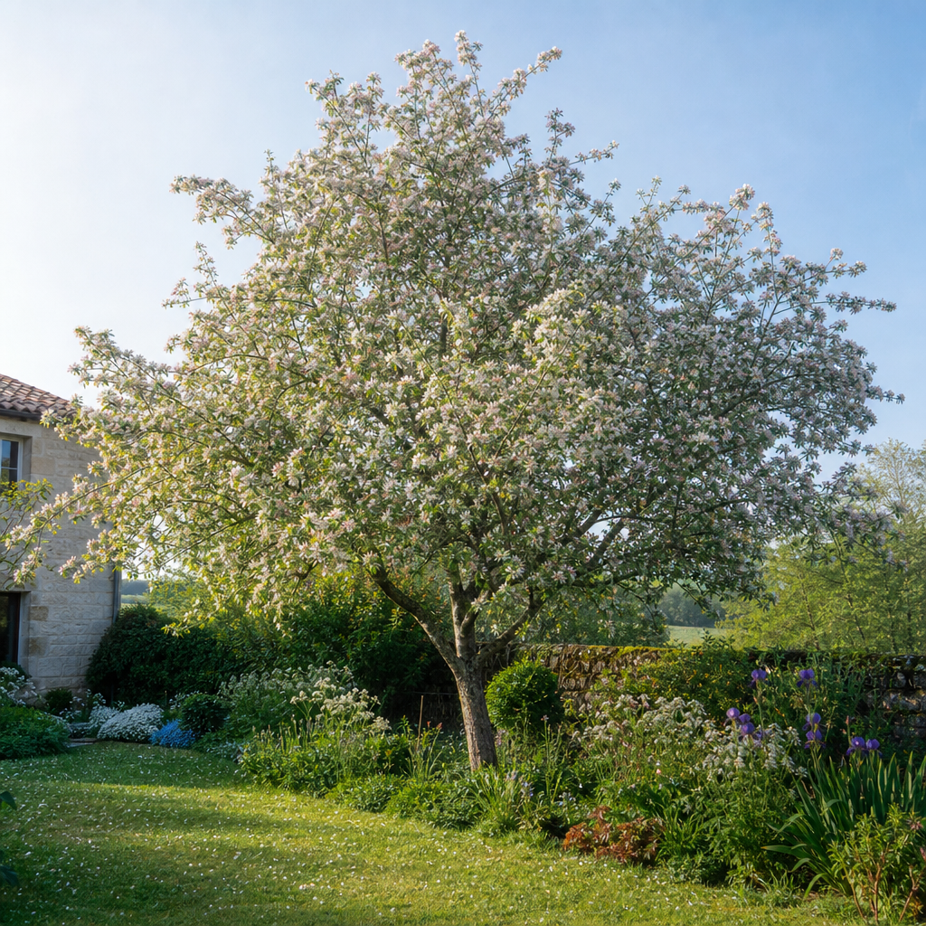 Pommier sauvage couvert de fleurs blanches et roses