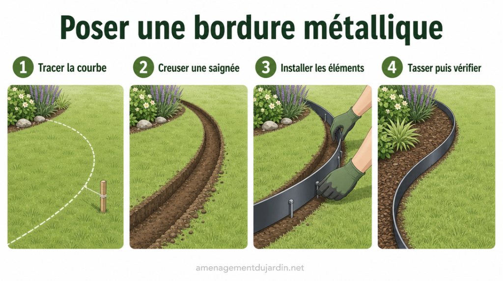 Étapes illustrées pour poser une bordure métallique courbe