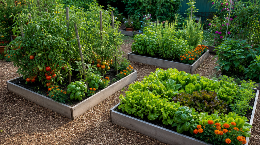 Carrés potagers garnis de légumes et fleurs utiles
