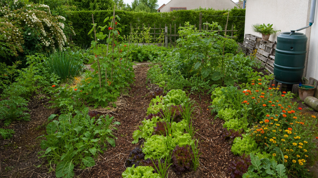 Petit potager en permaculture avec planches paillées