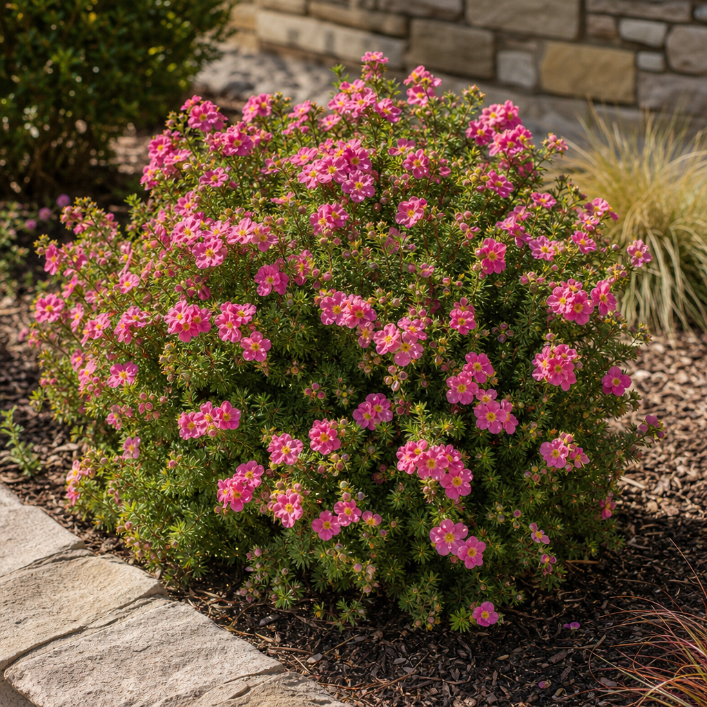 Potentille rose compacte couverte de fleurs estivales