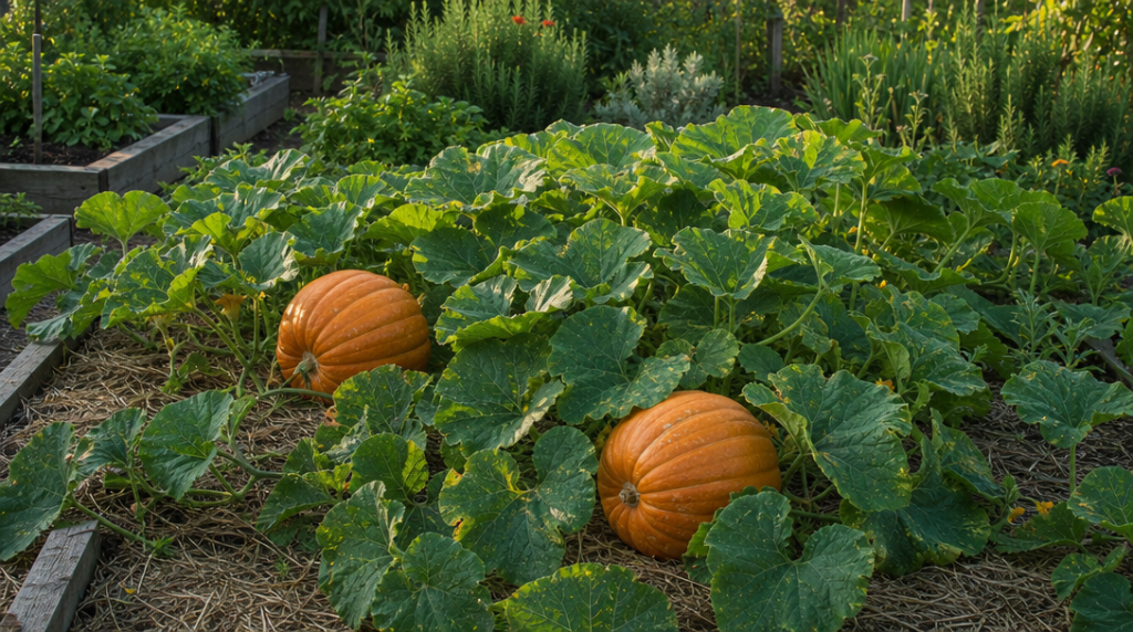 Potirons orange mûrs sur paille dans un potager