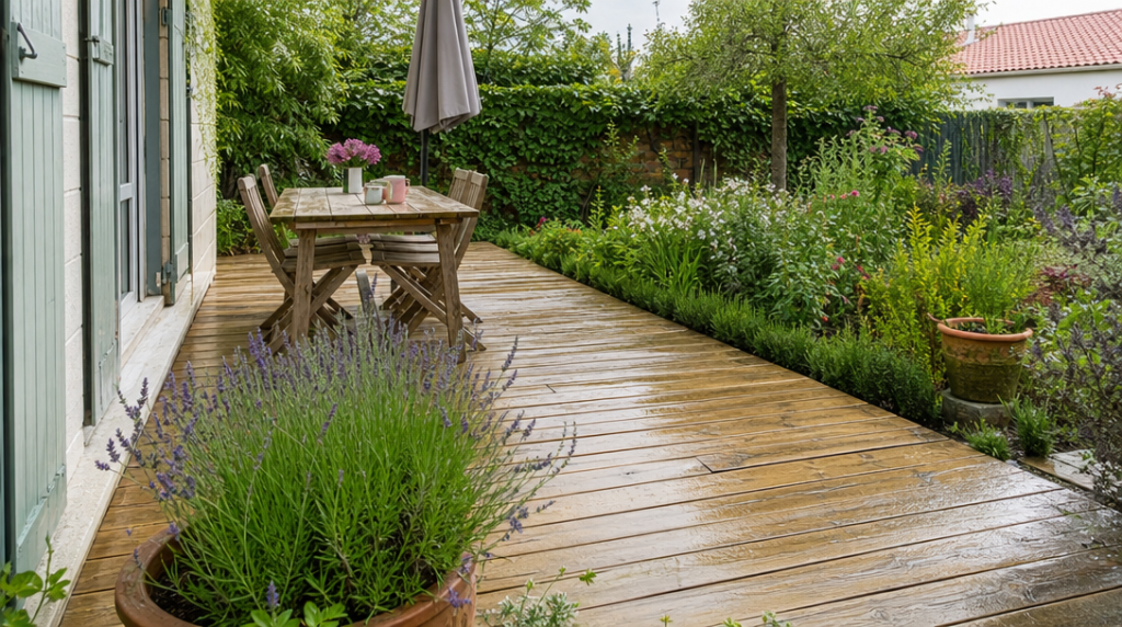 Terrasse bois entretenue dans un jardin fleuri au printemps