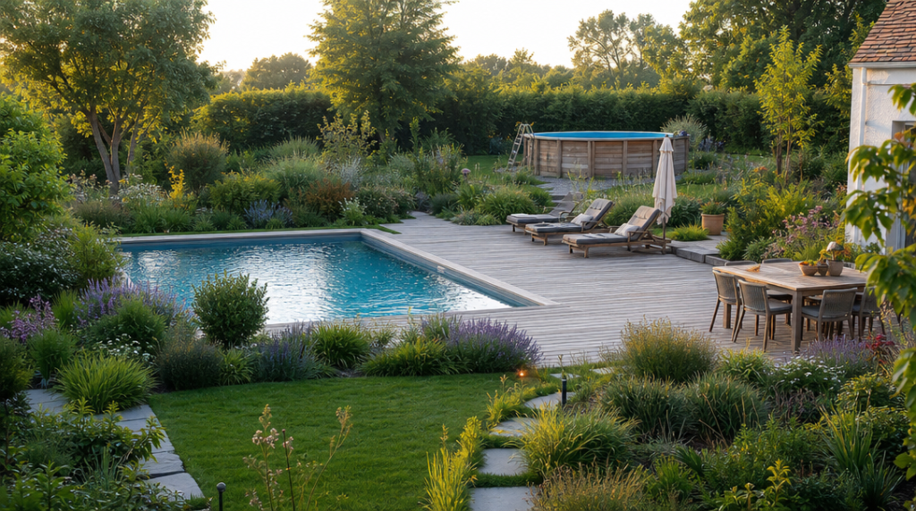 Jardin familial avec piscine et terrasse en bois