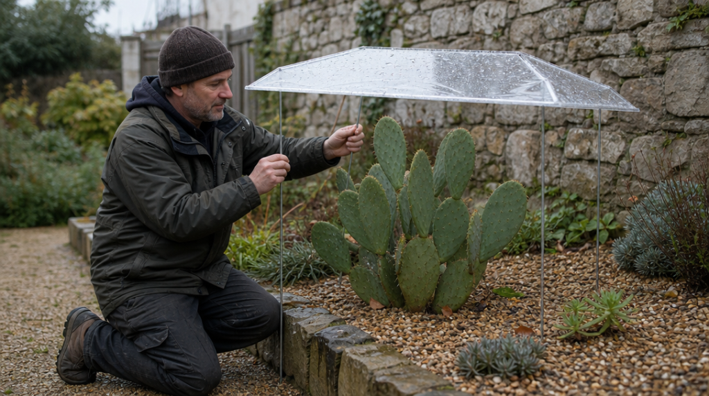 Jardinier installant un abri ouvert au-dessus d’un cactus