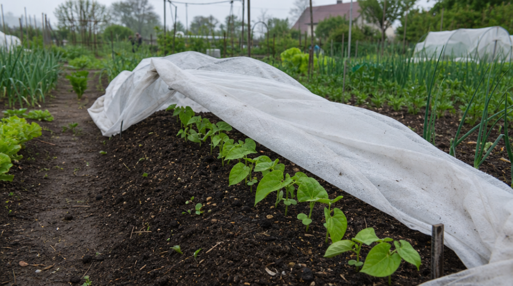 Jeunes haricots verts protégés sous voile léger