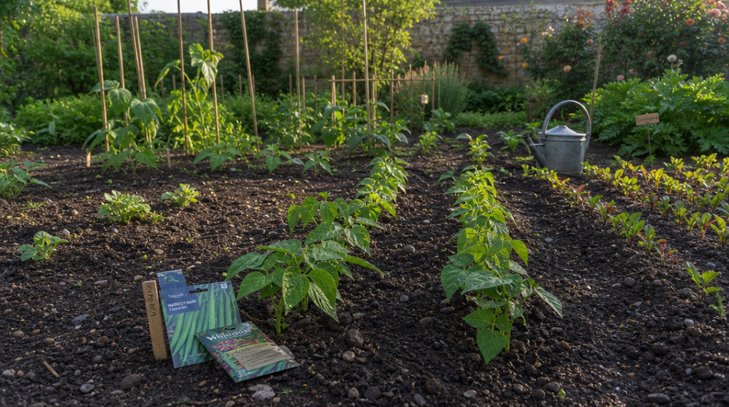 Jeunes haricots verts dans un potager ensoleillé