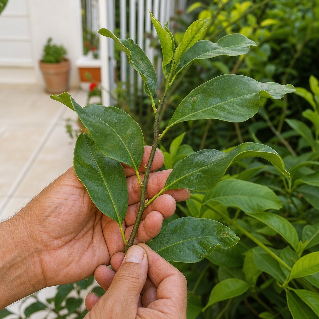 Rameau semi-ligneux sain sur un citronnier en été