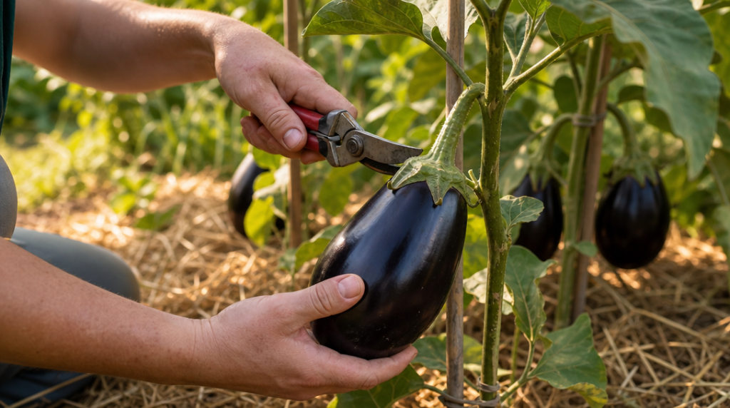 Récolte d’une aubergine violette brillante au sécateur