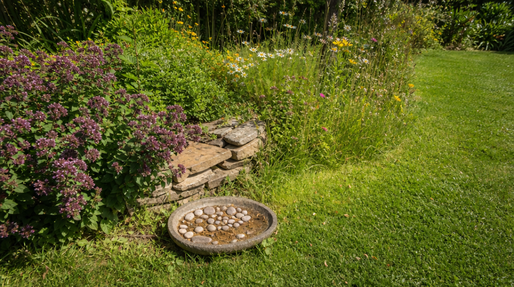 Point d’eau et fleurs dans un refuge à papillons