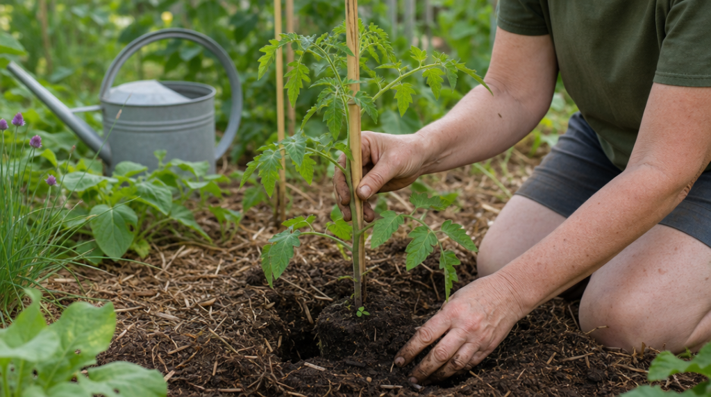 Plant de tomate repiqué dans un potager paillé