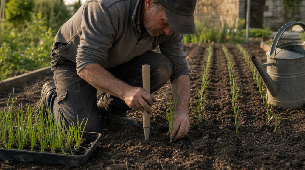 Jardinier repiquant des poireaux dans un rang de potager