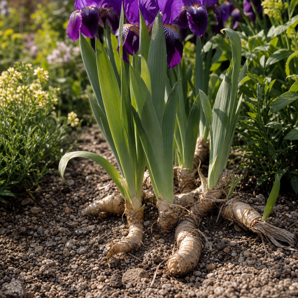 Rhizomes d'iris visibles dans un sol léger et drainant