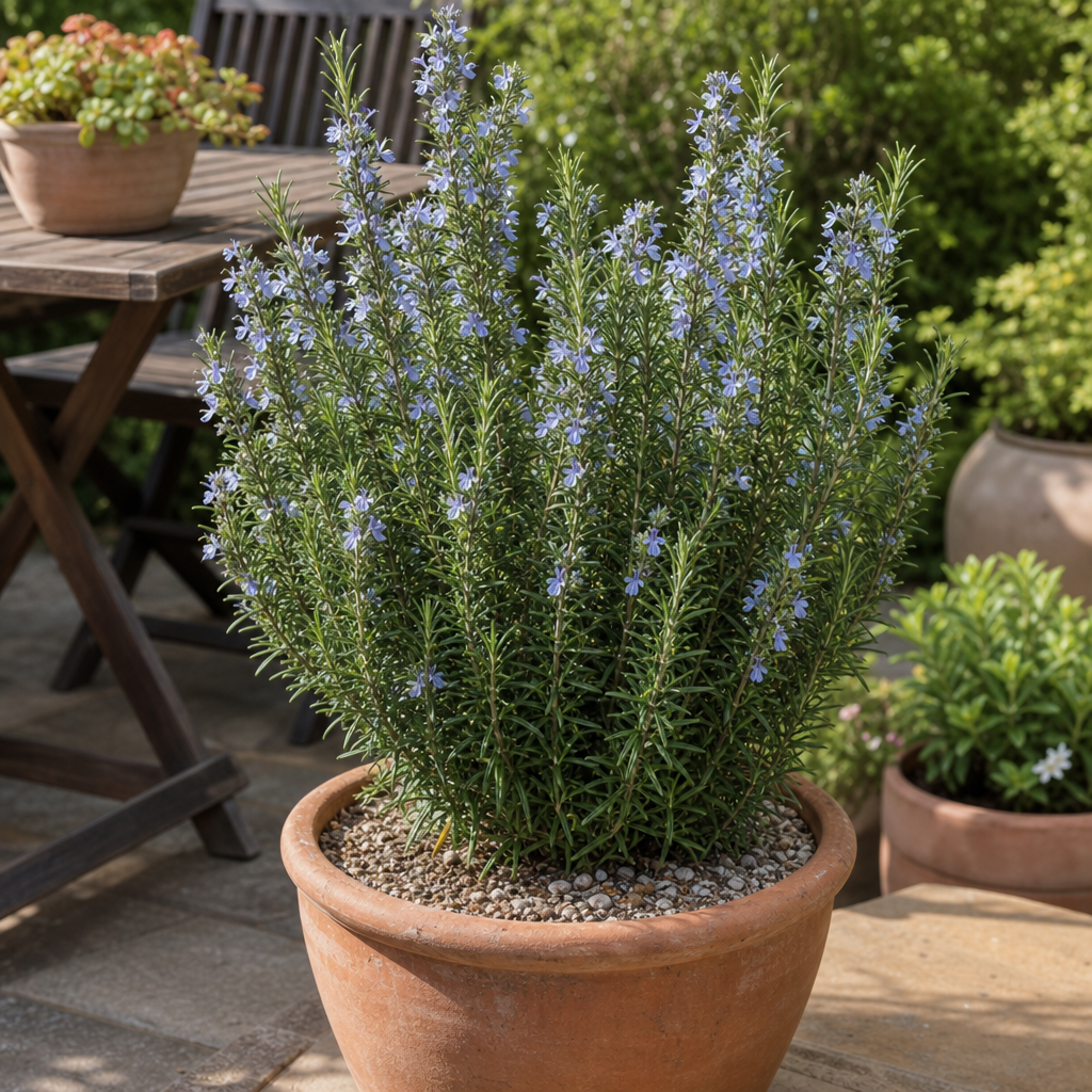 Romarin fleuri dans un pot en terre cuite