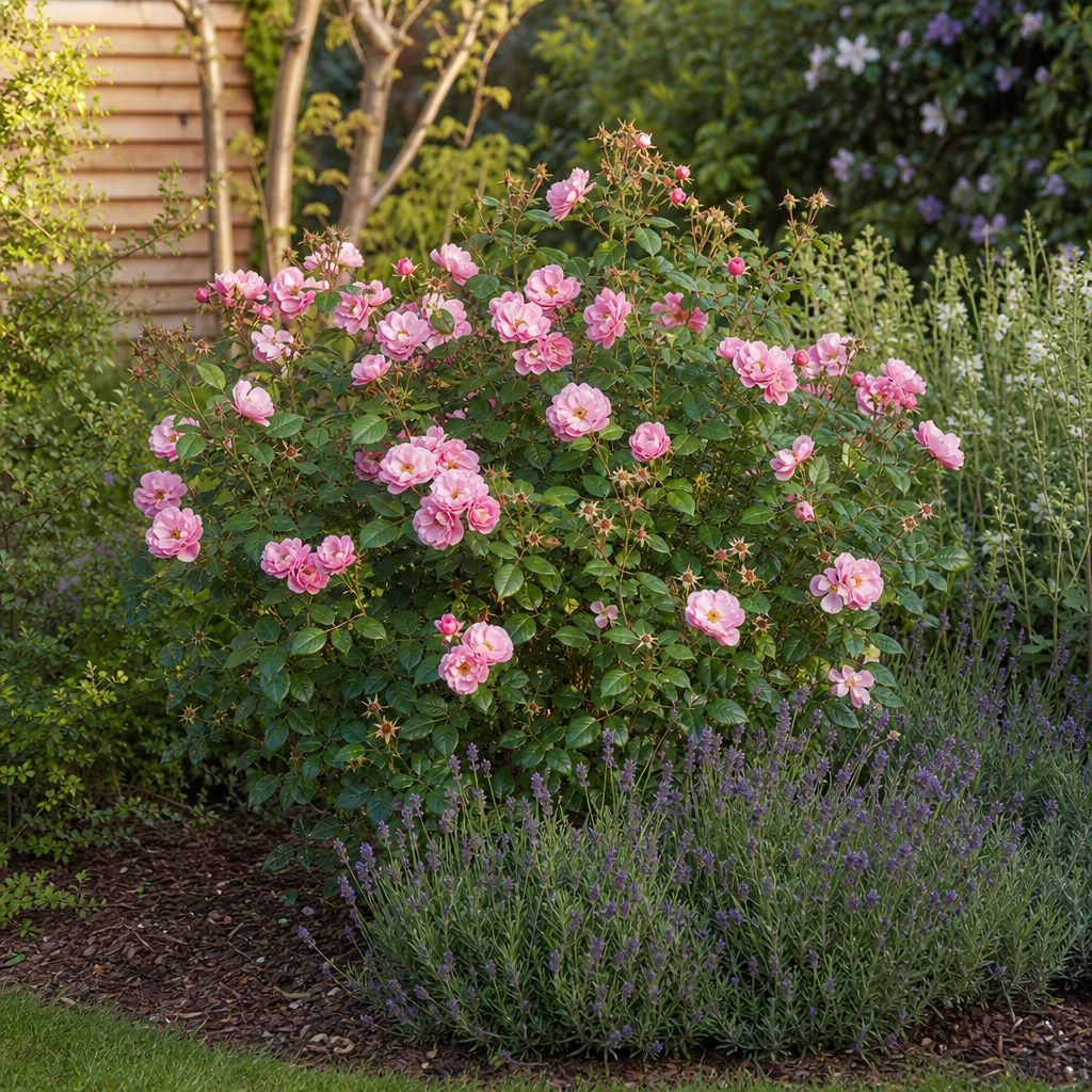 Rosier arbustif rose en floraison remontante