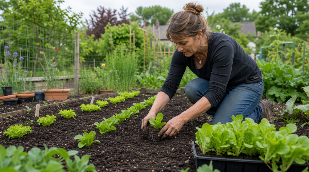 Jardinier plantant de jeunes laitues dans un potager
