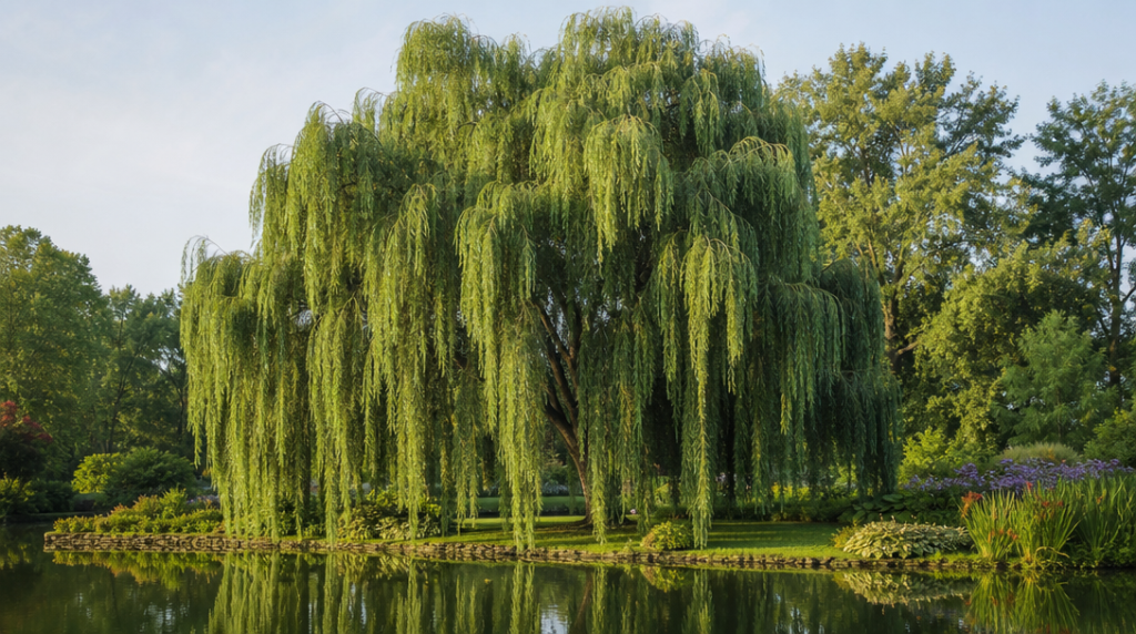 Grand saule pleureur aux branches retombantes près d’un étang