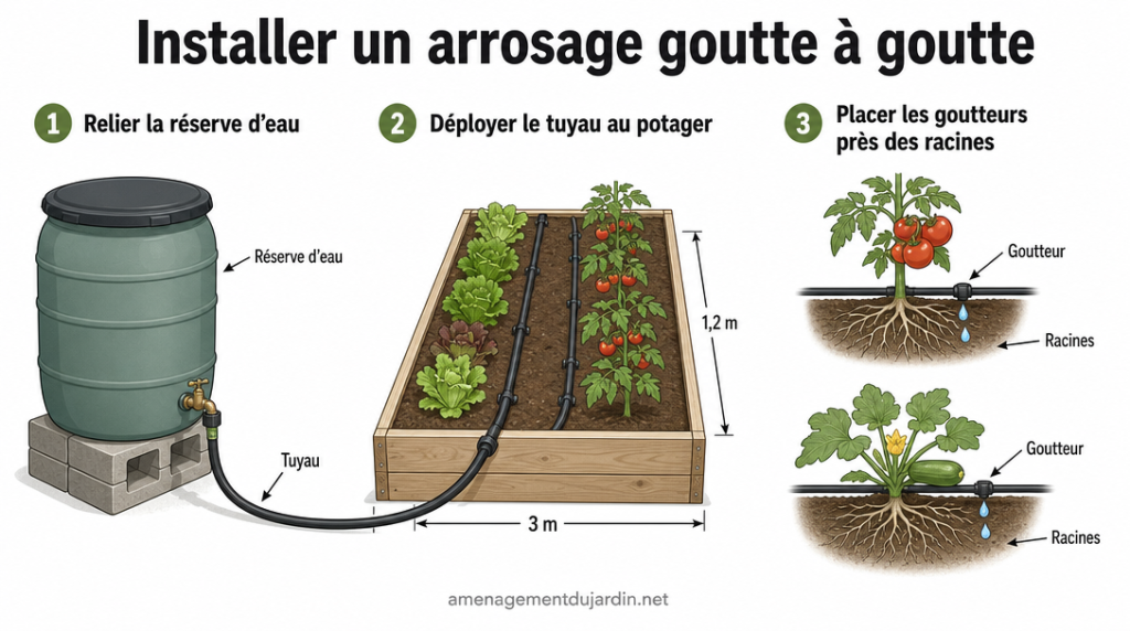 Schéma d’arrosage goutte à goutte dans un potager