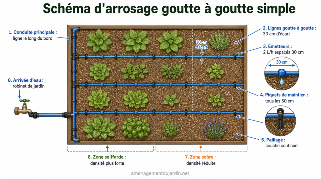 Schéma d’un goutte à goutte sous paillage avec lignes espacées de 30 cm