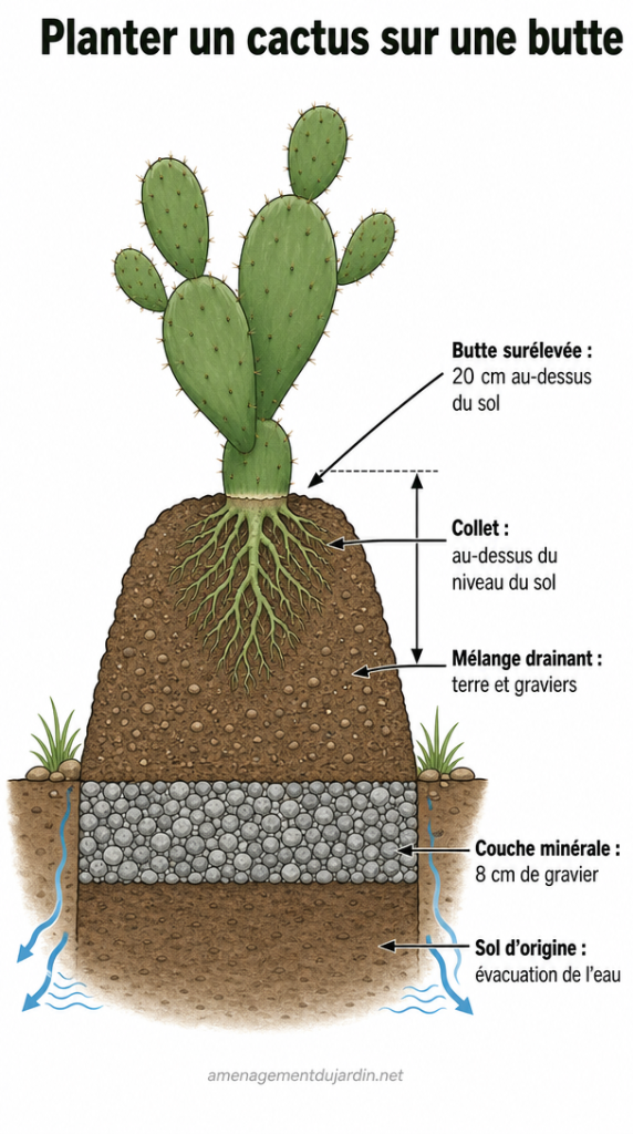 Schéma de plantation d’un cactus sur butte drainante