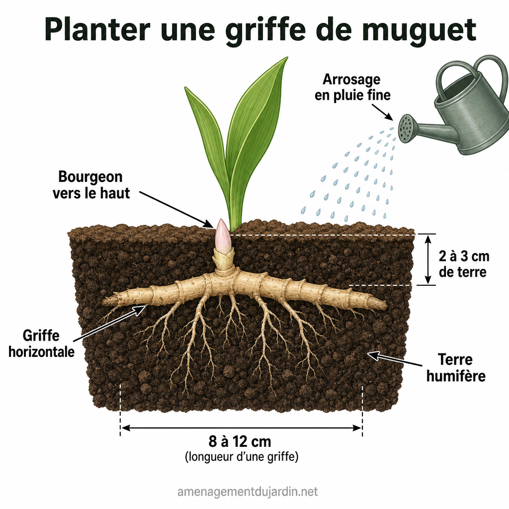 Schéma de plantation d'une griffe de muguet