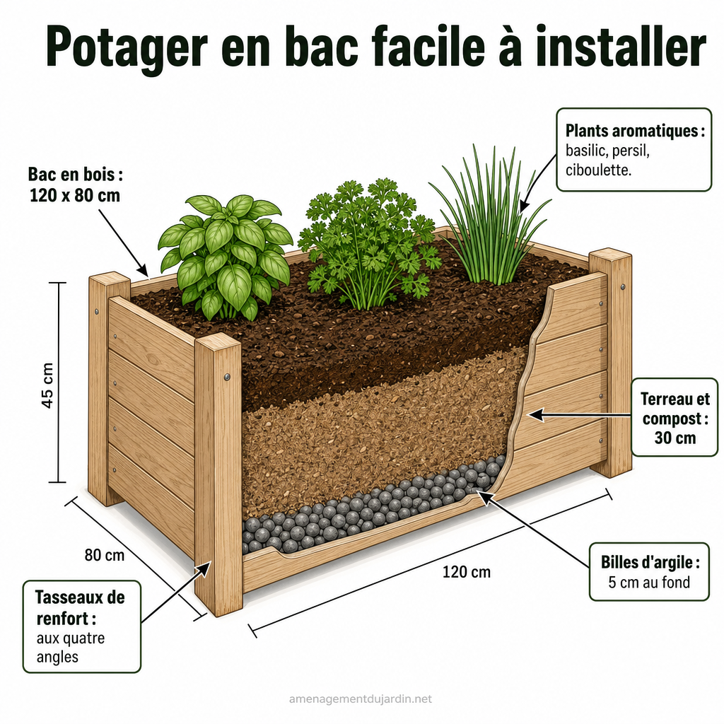 Schéma d'un potager en bac avec couches de culture